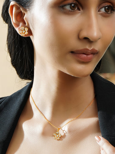 Rubans 18K Gold-Plated Sparkling Cubic Zirconia Studded Floral Pendant Necklace Set