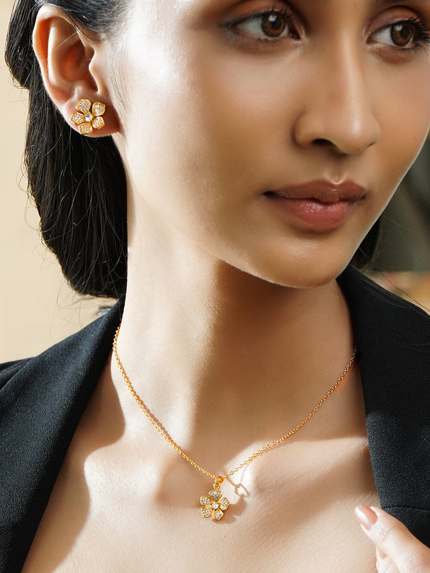 Rubans 18K Gold-Plated Sparkling Cubic Zirconia Studded Floral Pendant Necklace Set