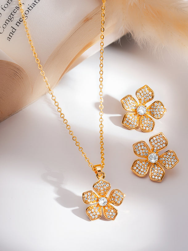 Rubans 18K Gold-Plated Sparkling Cubic Zirconia Studded Floral Pendant Necklace Set
