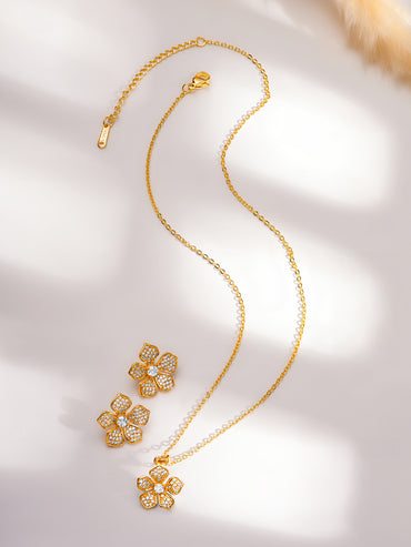 Rubans 18K Gold-Plated Sparkling Cubic Zirconia Studded Floral Pendant Necklace Set