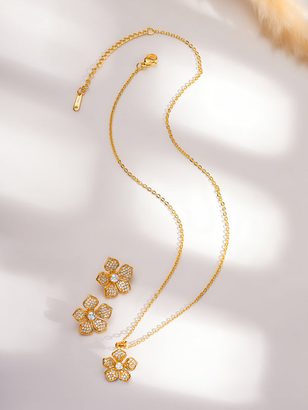 Rubans 18K Gold-Plated Sparkling Cubic Zirconia Studded Floral Pendant Necklace Set