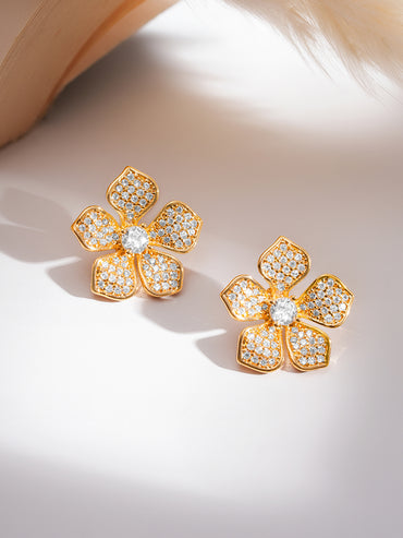 Rubans 18K Gold-Plated Sparkling Cubic Zirconia Studded Floral Pendant Necklace Set