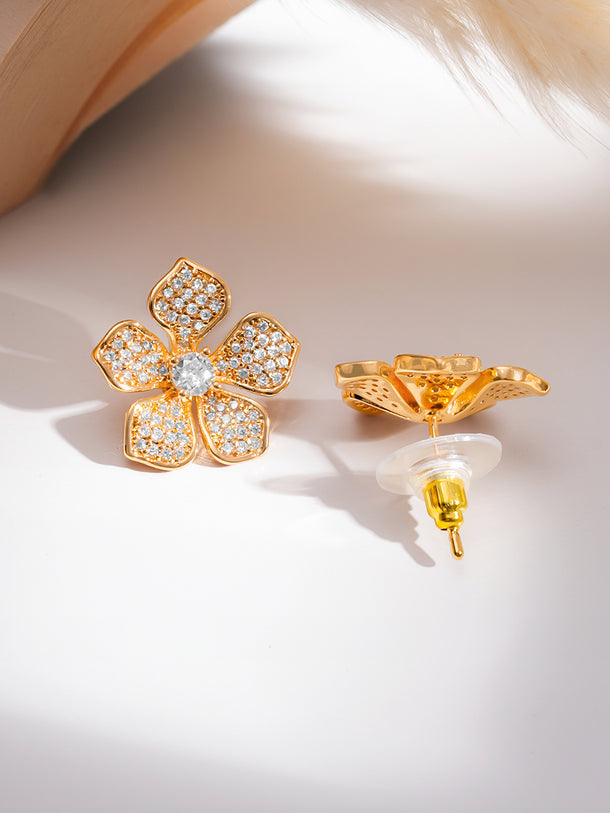 Rubans 18K Gold-Plated Sparkling Cubic Zirconia Studded Floral Pendant Necklace Set