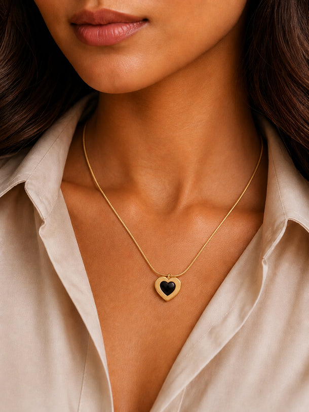 Demi Fine 18K Gold Plated Stainless steel Black Enamel Heart Pendant Necklace