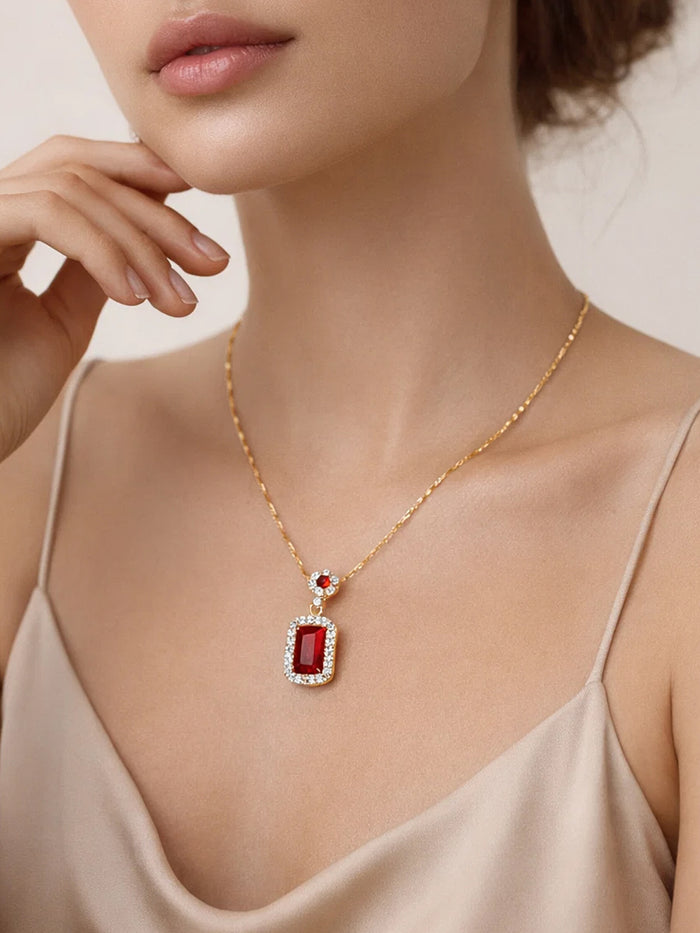 18K Gold Plated Ruby Pendant Crystal Necklace | Anti Tarnish