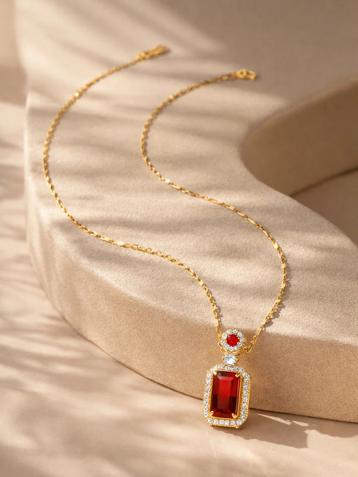 18K Gold Plated Ruby Pendant Crystal Necklace | Anti Tarnish