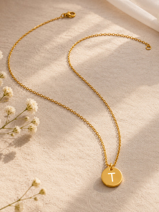 Demifine 18K Gold Plated Stainless steel Classic Disc T Pendant Necklace