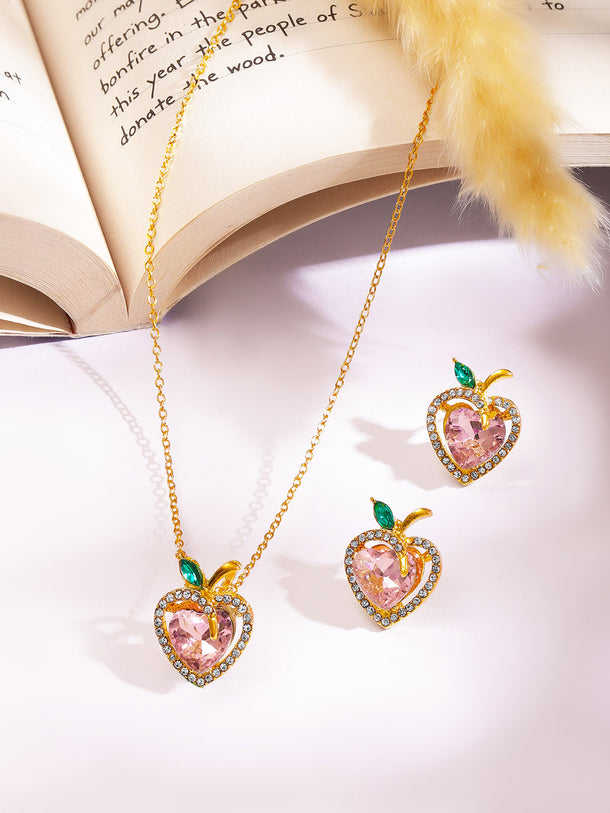 Heart Motif American Diamond Zirconia Pink Pendant Set