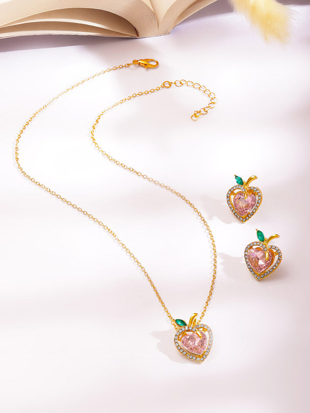 Heart Motif American Diamond Zirconia Pink Pendant Set