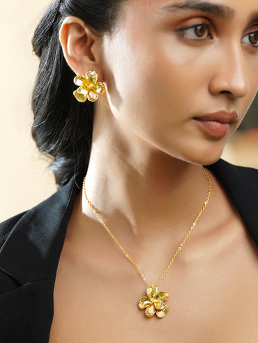 Rubans 18K Gold-Plated AD Stone Studded Elegant Floral Pendant Necklace Set