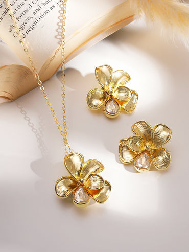 Rubans 18K Gold-Plated AD Stone Studded Elegant Floral Pendant Necklace Set