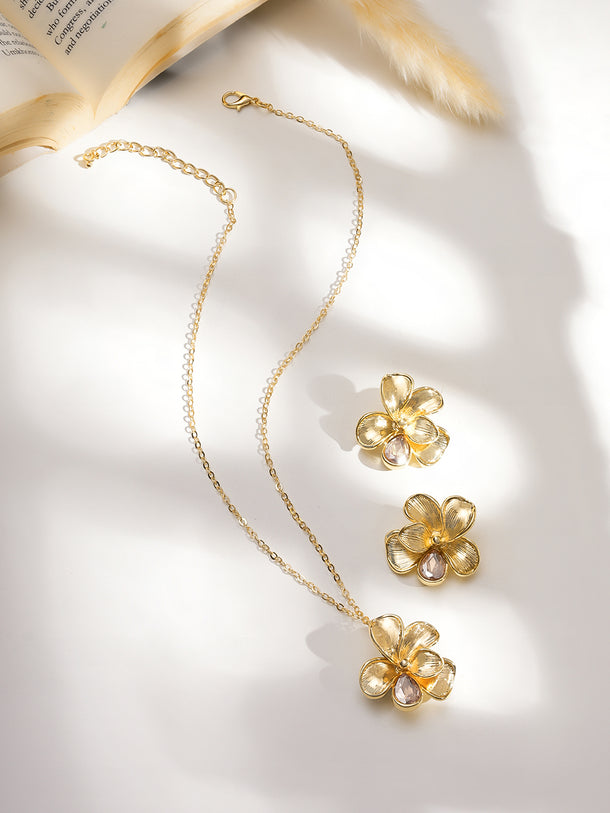 Rubans 18K Gold-Plated AD Stone Studded Elegant Floral Pendant Necklace Set