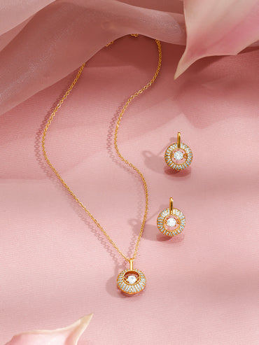 Rubans 18K Gold Plated Brass Gold Crystal AD Studded Pendant Necklace Set