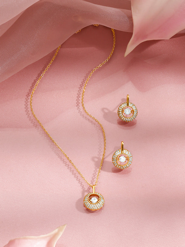 Rubans 18K Gold Plated Brass Gold Crystal AD Studded Pendant Necklace Set