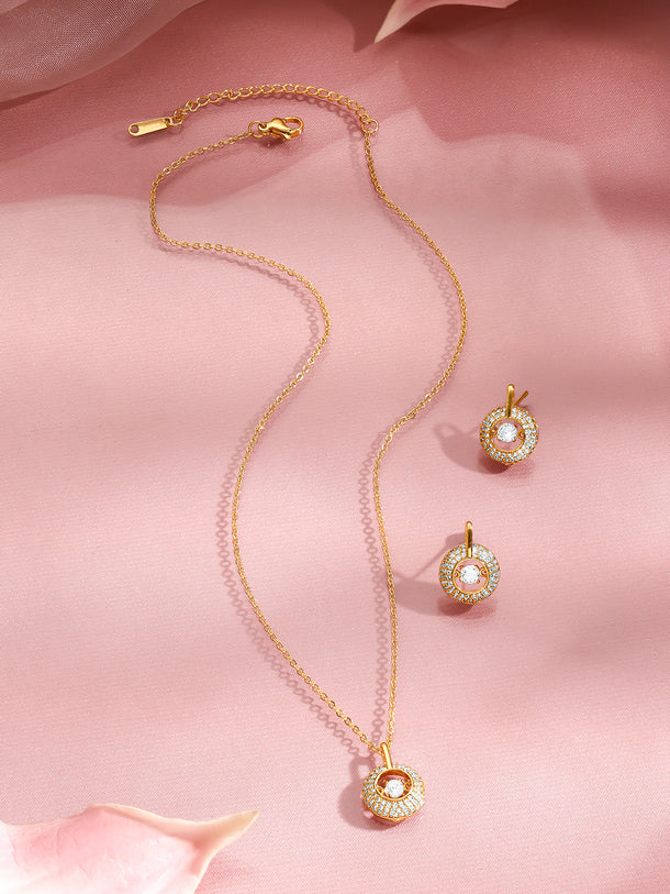 Rubans 18K Gold Plated Brass Gold Crystal AD Studded Pendant Necklace Set