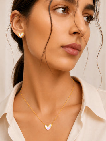 Demifine 18k Gold Plated Stainless Steel White Heart Pendant Set