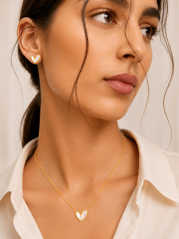 Demifine 18k Gold Plated Stainless Steel White Heart Pendant Set