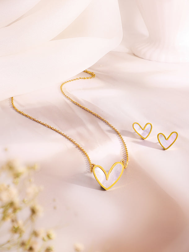 Demifine 18k Gold Plated Stainless Steel White Heart Pendant Set