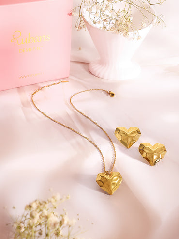Demifine 18k Gold Plated Stainless Steel Textured Heart Pendant Set