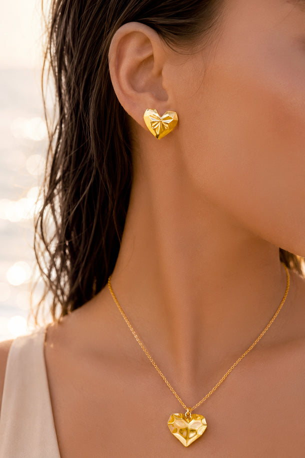 Demifine 18k Gold Plated Stainless Steel Textured Heart Pendant Set