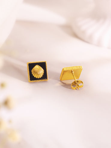 Demifine 18k Gold Plated Stainless Steel Shell Motif Black Pendant Set
