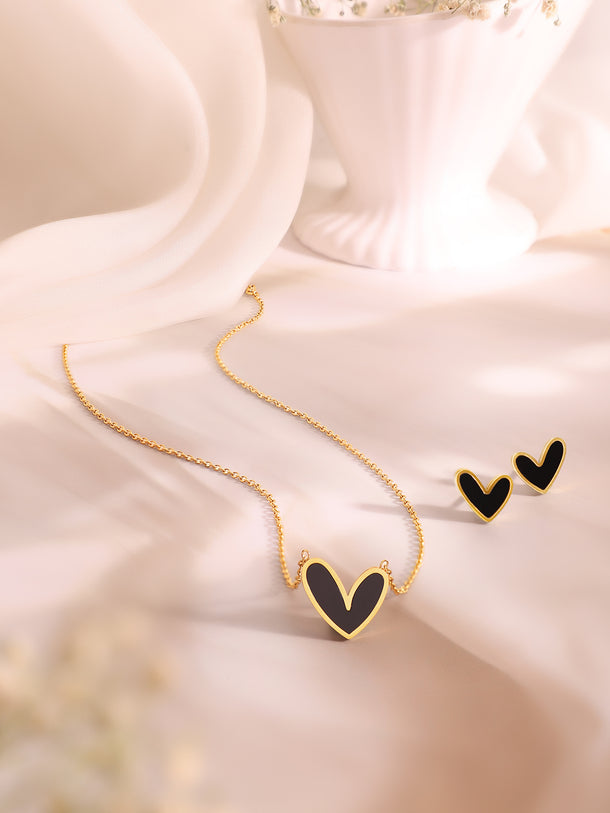 Demifine 18K Gold Plated Stainless Steel Black Heart Pendant Set