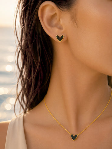 Demifine 18K Gold Plated Stainless Steel Black Heart Pendant Set