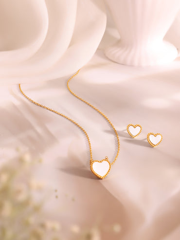 Demifine 18K Gold Plated Stainless Steel White Heart Pendant Set