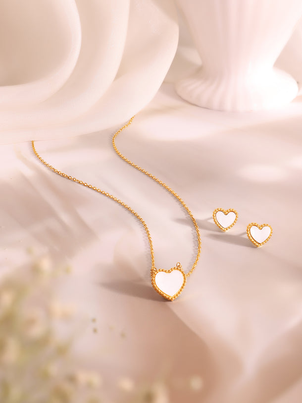 Demifine 18K Gold Plated Stainless Steel White Heart Pendant Set