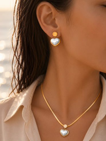 Demifine 18K Gold Plated Stainless Steel Pearl Heart Pendant Necklace Set