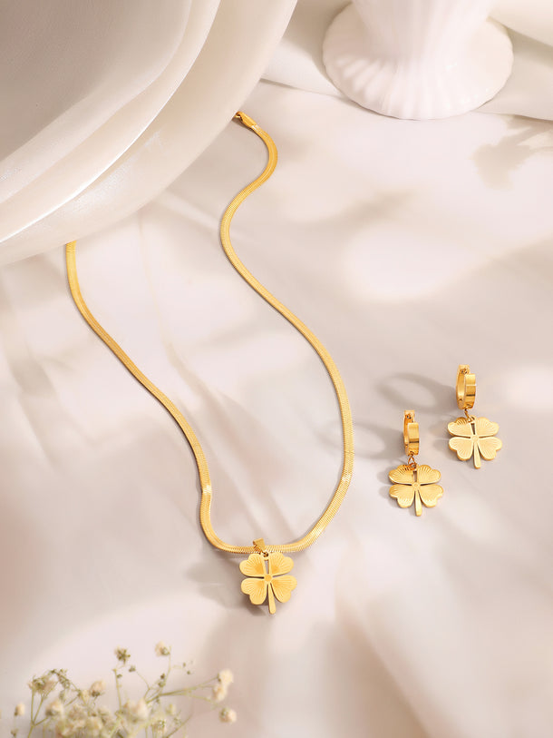Demifine 18K Gold Plated Stainless Steel Floral Drop Pendant Set