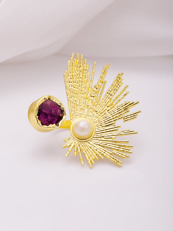 Rubans 18KT Gold-Plated Crystal Studded & Beaded Peacock Motif Ring