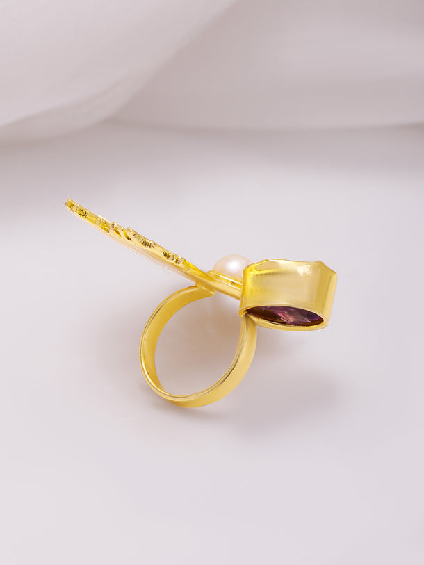 Rubans 18KT Gold-Plated Crystal Studded & Beaded Peacock Motif Ring