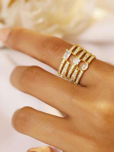 Rubans 18K Gold-Plated Brass Cubic Zirconia Studded Multi-Band Adjustable Finger Ring