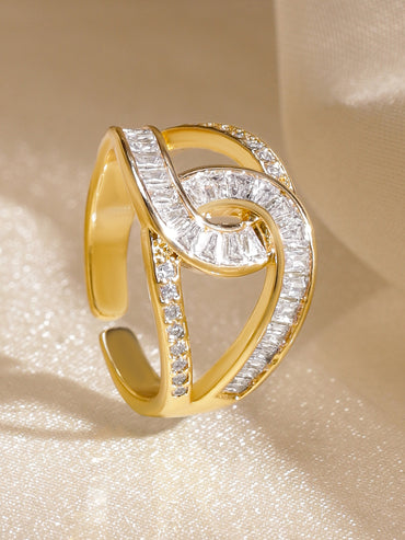 Rubans 18K Gold-Plated Brass Linked Curve Design Cubic Zirconia Adjustable Finger Ring