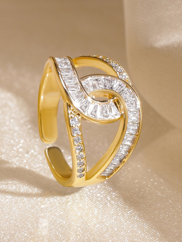 Rubans 18K Gold-Plated Brass Linked Curve Design Cubic Zirconia Adjustable Finger Ring