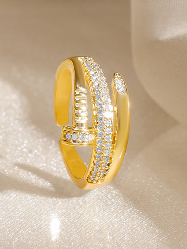 Rubans Voguish 18K Gold-Plated White Cubic Zirconia Studded Sleek Adjustable Finger Ring