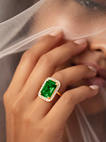 18K Gold Plated Emerald Crystal Halo Adjustable Ring | Anti Tarnish