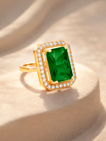 18K Gold Plated Emerald Crystal Halo Adjustable Ring | Anti Tarnish
