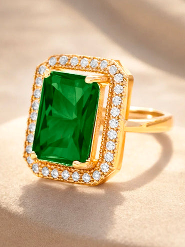 18K Gold Plated Emerald Crystal Halo Adjustable Ring | Anti Tarnish
