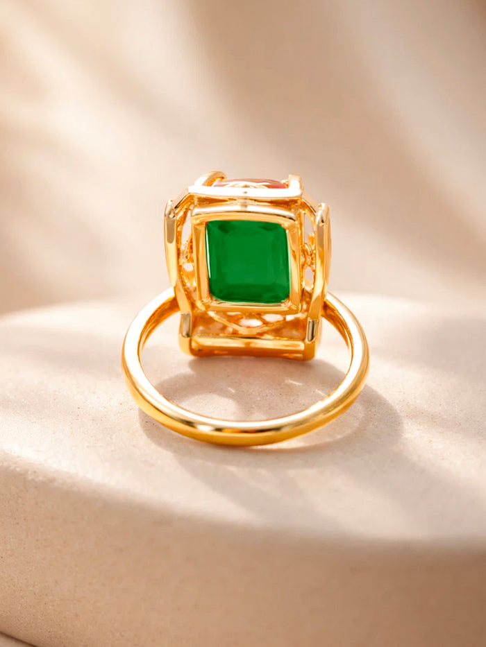 18K Gold Plated Emerald Crystal Halo Adjustable Ring | Anti Tarnish