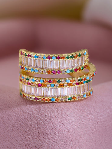 Multicolor American Diamond Zirconia Gold Ring