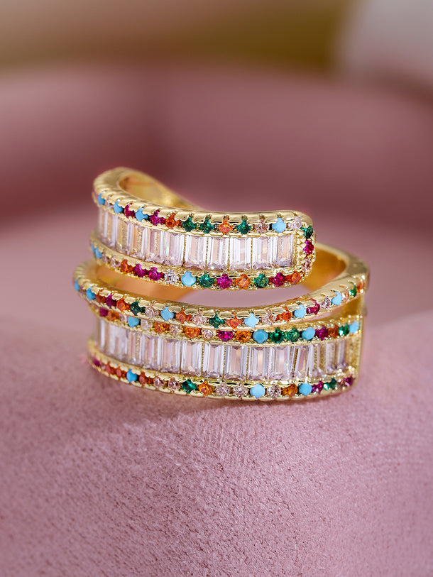 Multicolor American Diamond Zirconia Gold Ring