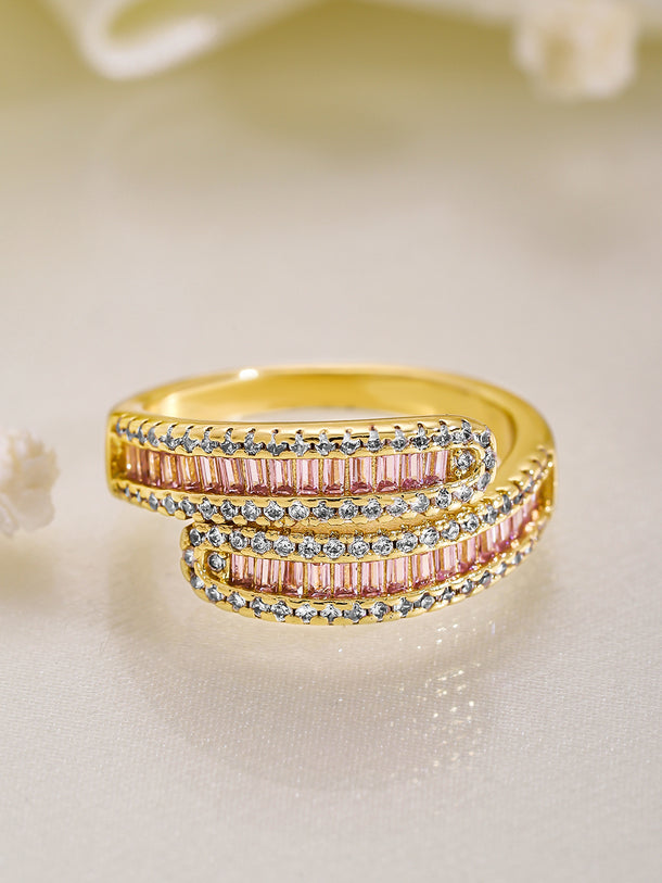 Gold American Diamond Zirconia Pink Studded Ring