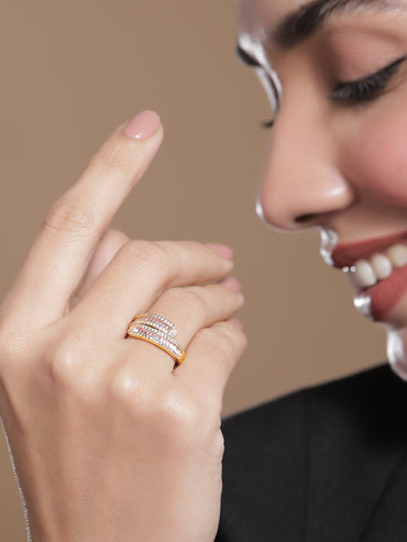 Gold American Diamond Zirconia Pink Studded Ring