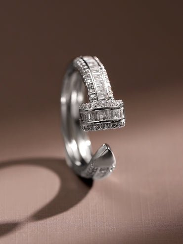 Rubans Rhodium Plated White Cubic Zirconia Studded Demi Fine Openable Adjustable Ring