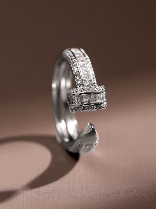 Rubans Rhodium Plated White Cubic Zirconia Studded Demi Fine Openable Adjustable Ring