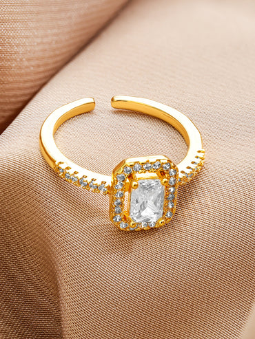 Rubans 18K Gold-Plated Adjustable White Cubic Zirconia Studded Rectangular Halo Ring