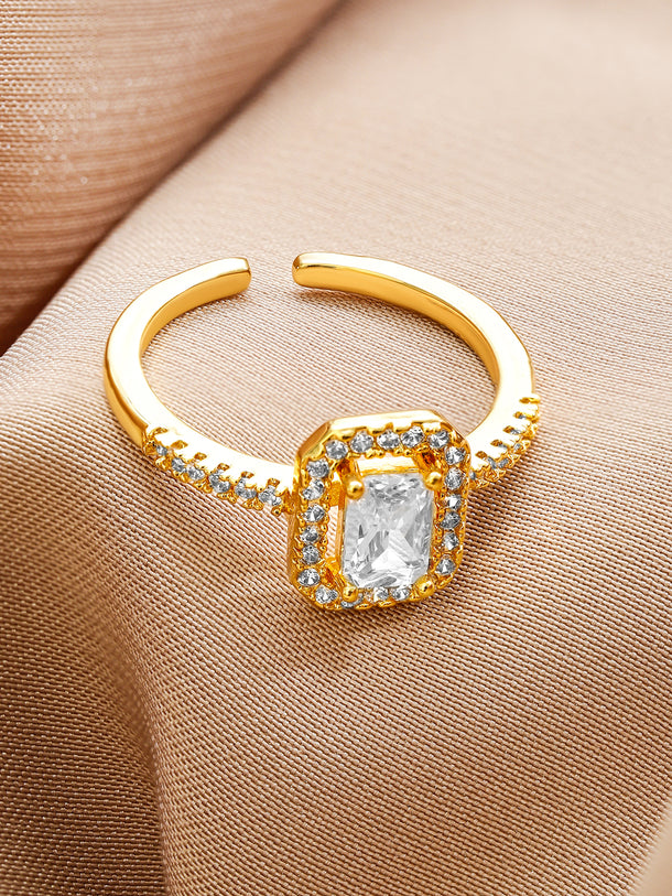 Rubans 18K Gold-Plated Adjustable White Cubic Zirconia Studded Rectangular Halo Ring