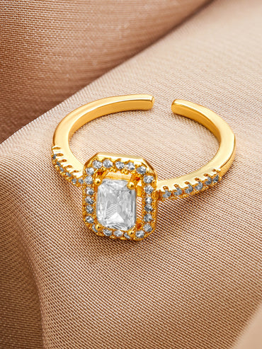Rubans 18K Gold-Plated Adjustable White Cubic Zirconia Studded Rectangular Halo Ring